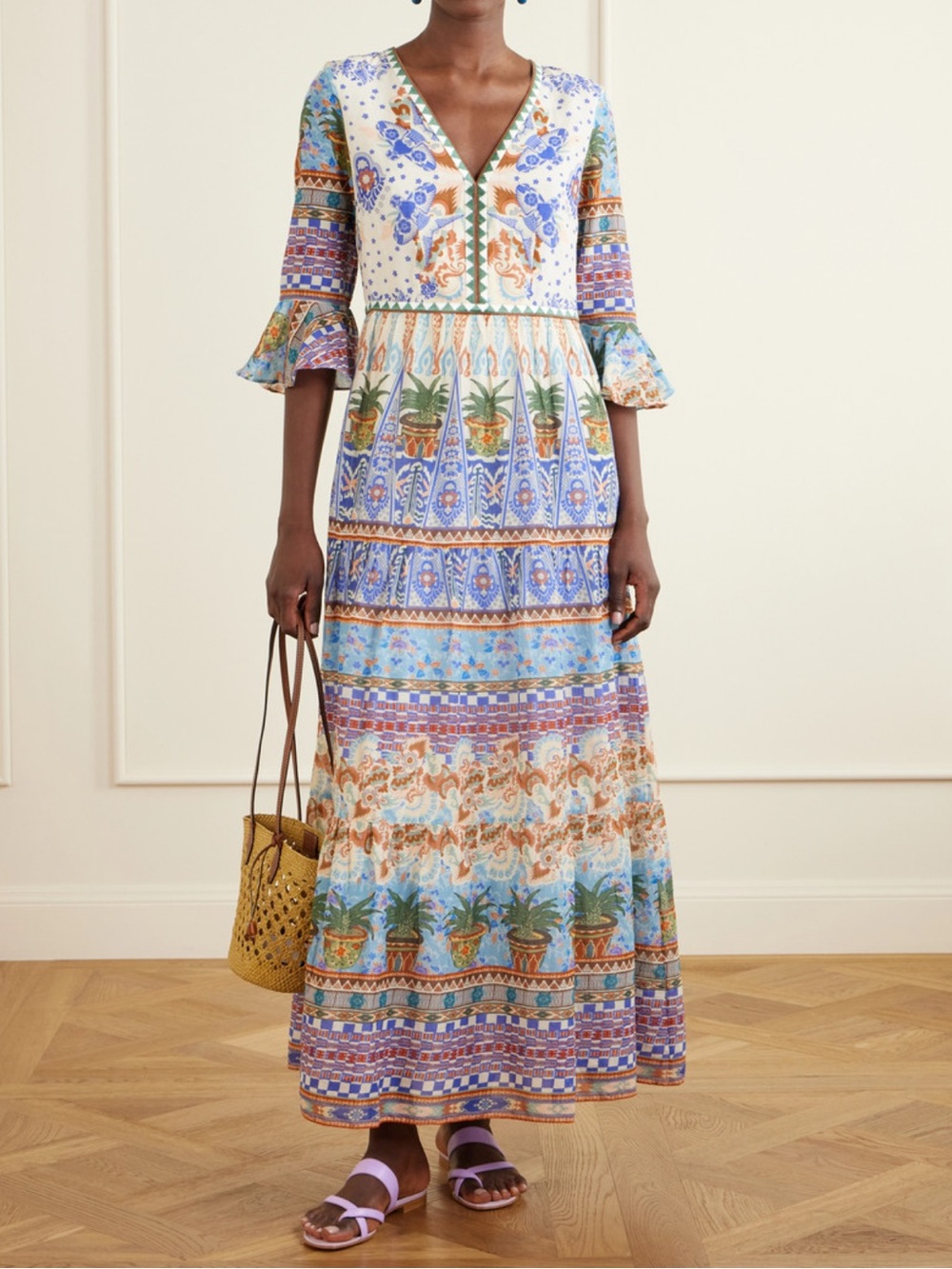 Emporio Sirenuse Blue and Cream Mediterranean-Print Tiered Maxi Dress